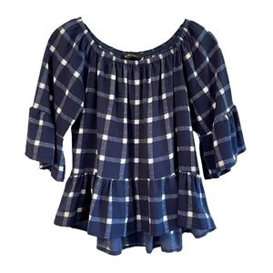 THE NECK DOWN, by CHICOS, WOMENS, BLUE PLAID TOP. PEASANT STYLE NECKLINE. SIZE S